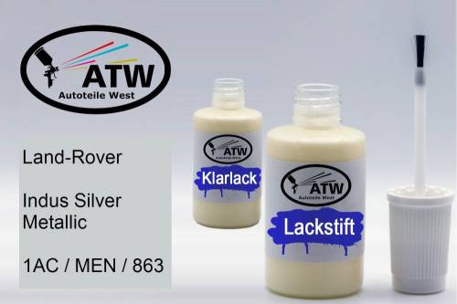 Land-Rover, Indus Silver Metallic, 1AC / MEN / 863: 20ml Lackstift + 20ml Klarlack - Set, von ATW Autoteile West.